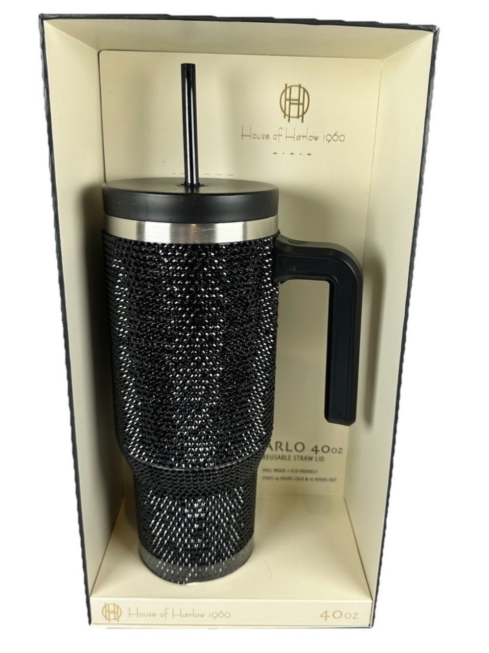 NIB House of Harlow 1960 Arlo 40oz Black Rhinestone Tumbler Cup Straw Lid
